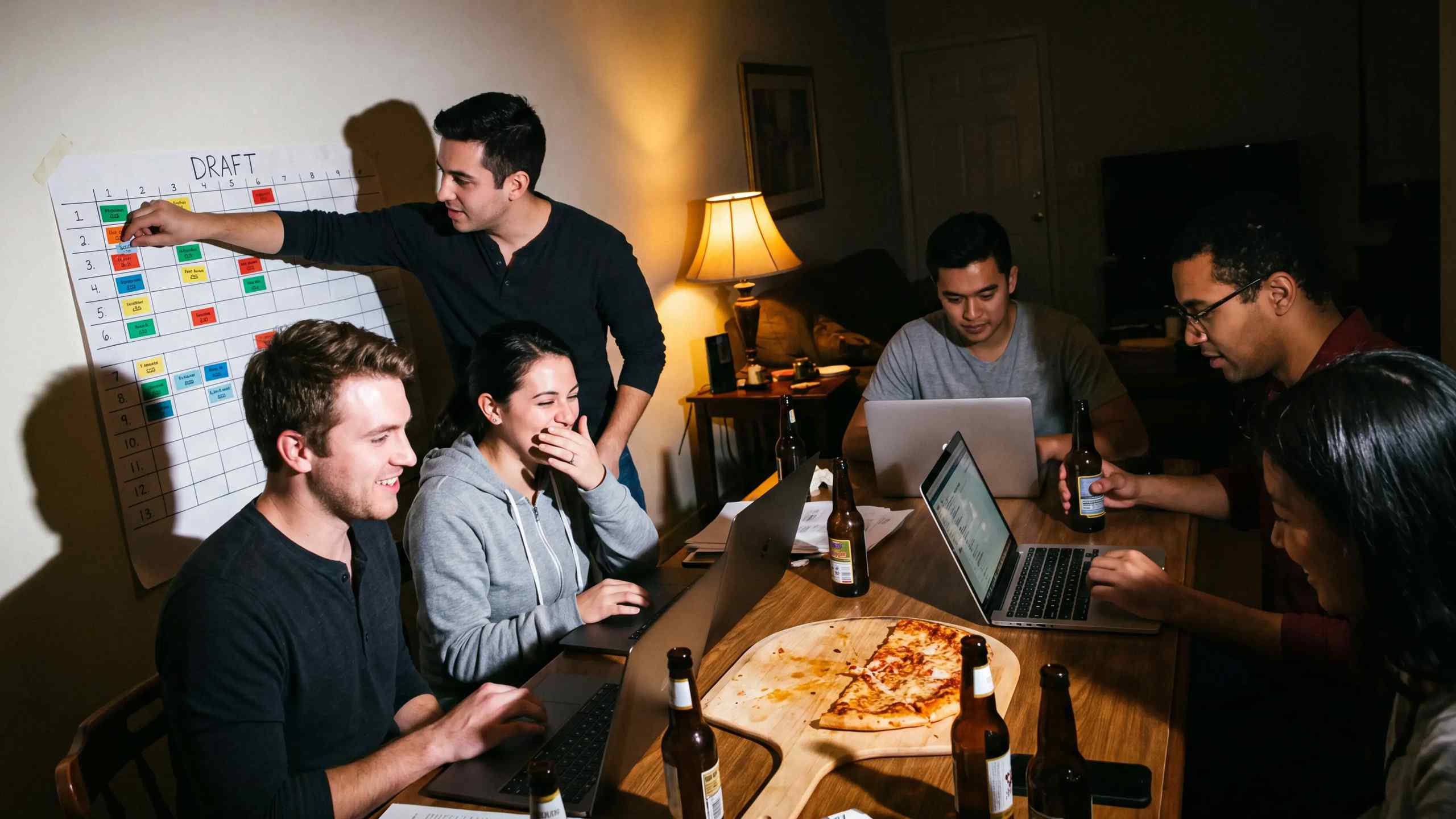 Fantasy football fans conducting a draft while eating pizza and drinking beer.